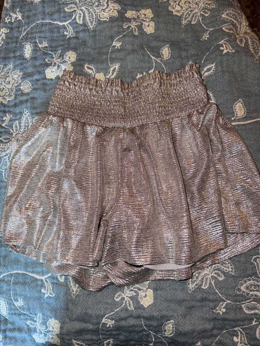 Zenana Metallic Silver Smocked-Waist Skort